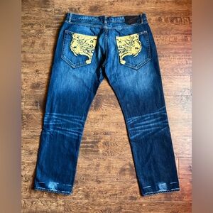 Ed Hardy Mens 40x34 Christian Audigier Tiger Leopard Embroidered Jeans Y2K Vtg